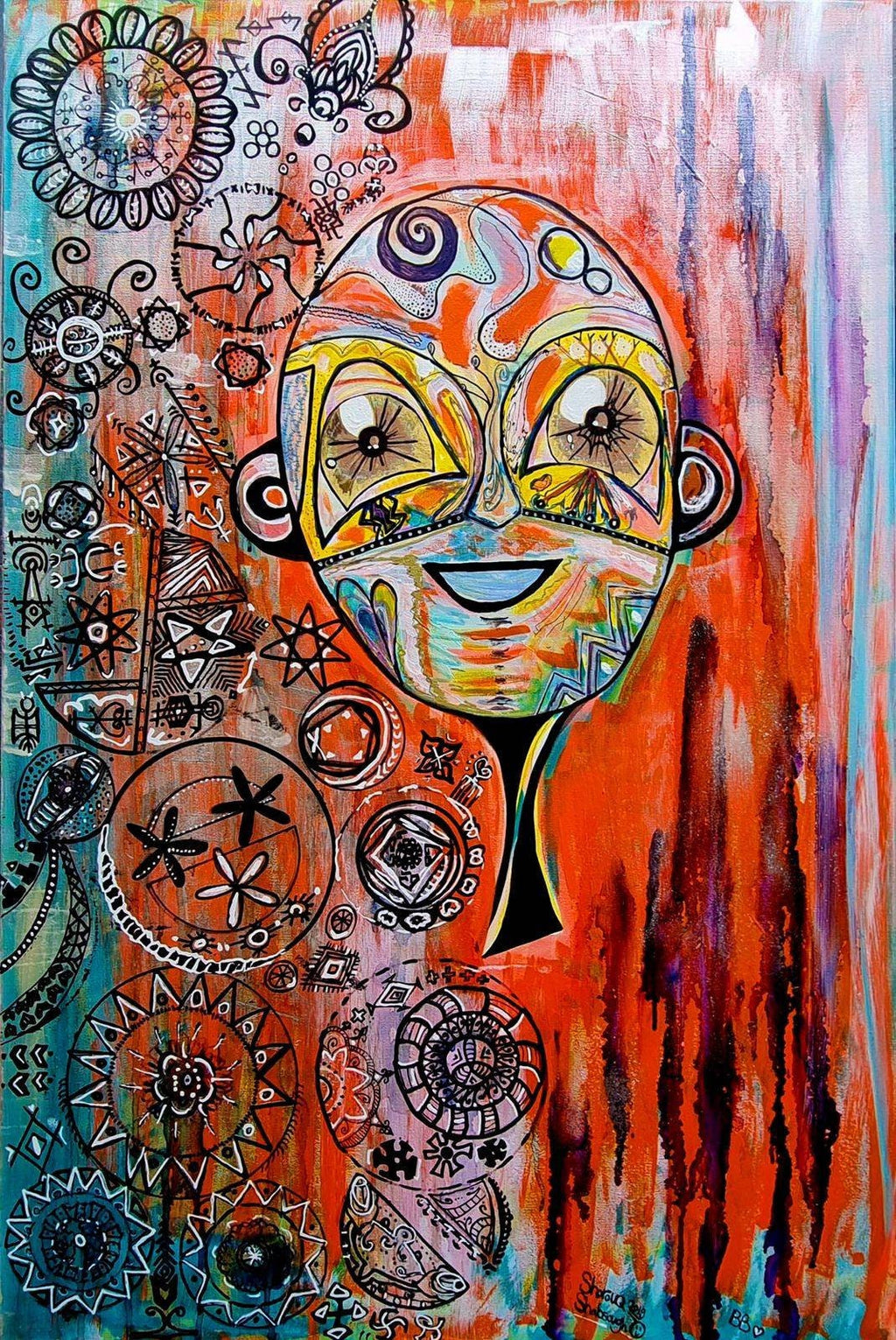 Naranja: full view of the canvas, a round smiling face rising from orange and crimson drips