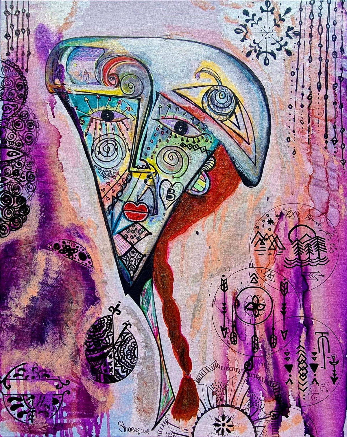 Rosado: full view of the canvas, a violet and pink figure with an eye, a spiral and a red mouth