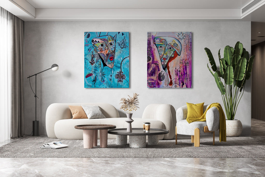 Azul print hung beside a purple canvas in a bright living room with a curved sofa