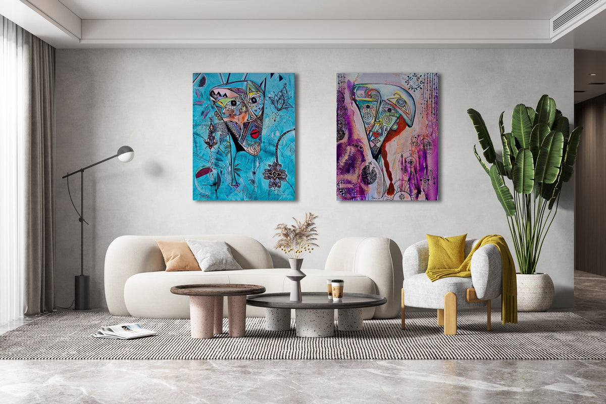 Azul print hung beside a purple canvas in a bright living room with a curved sofa