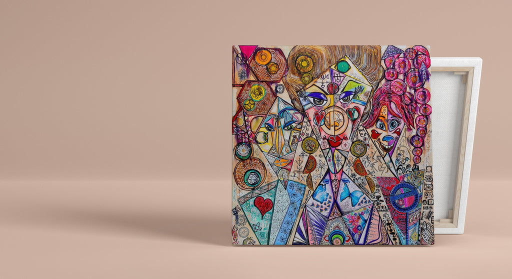Trinity photographed at an angle against a pink backdrop, showing the painted wrapped edge of the canvas