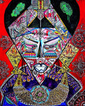 Bishop: full view of the canvas, a symmetrical patterned face on a scarlet ground