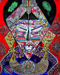 Bishop limited edition print, full view of the geometric face on red with a gold chest medallion