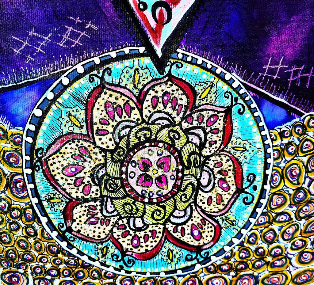 Bishop detail: a large mandala flower in turquoise and rose on a deep purple ground