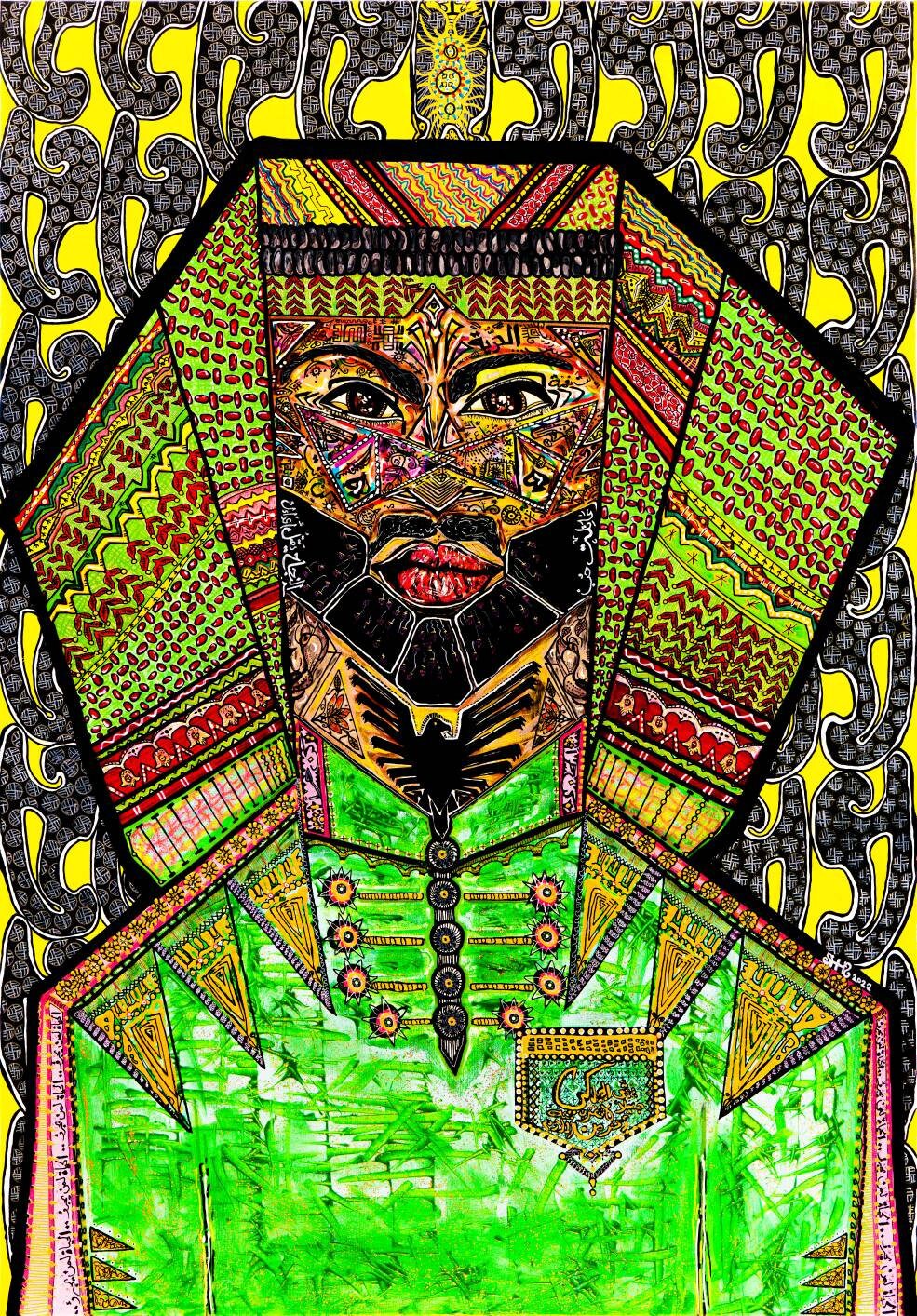 Nimer: full view of the canvas, a bearded figure in a yellow headdress above a bright green robe