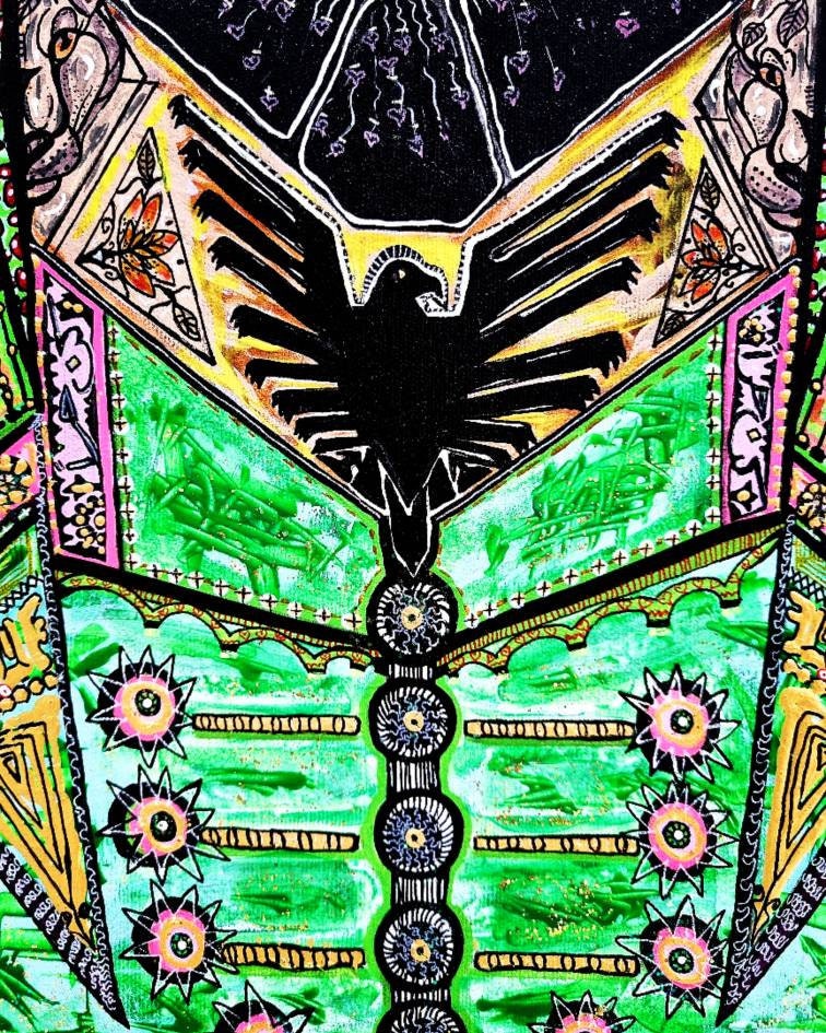 Nimer detail: a black eagle spread across the green robe, with flower buttons down the centre