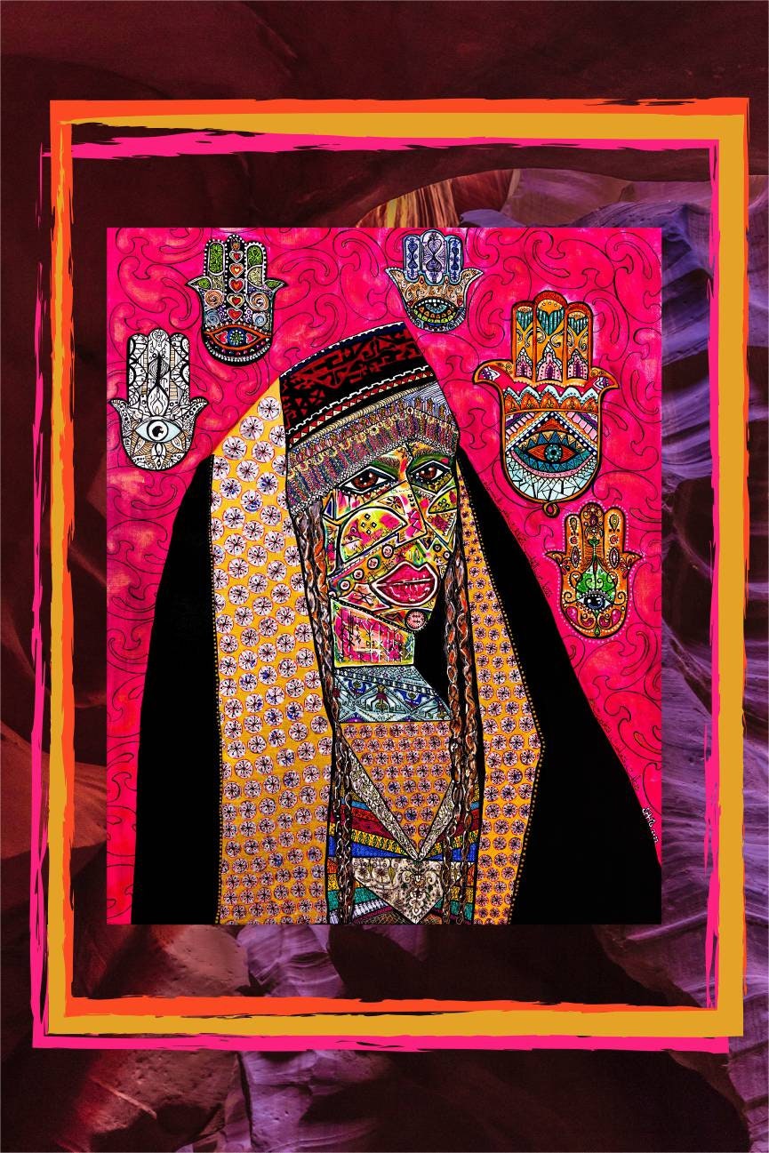 Qadira shown in a bright orange frame against a deep purple rock backdrop