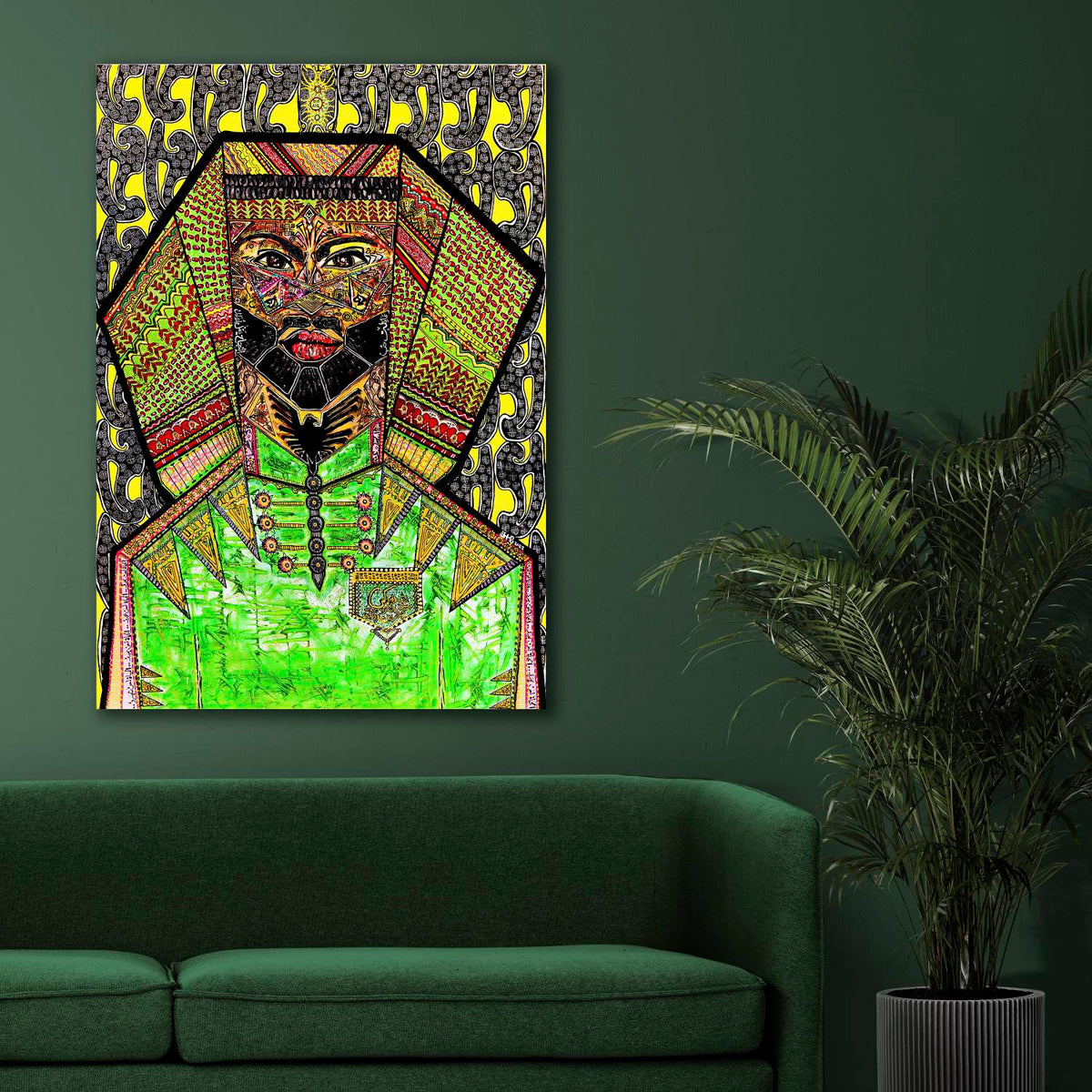 Nimer on a dark green wall above a green velvet sofa, with a potted palm beside it