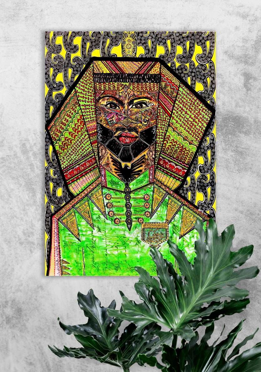Nimer mounted on a grey concrete wall with large lobed green leaves rising in the foreground