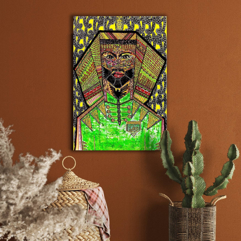 Nimer print on a warm terracotta wall beside dried pampas grass and a potted cactus
