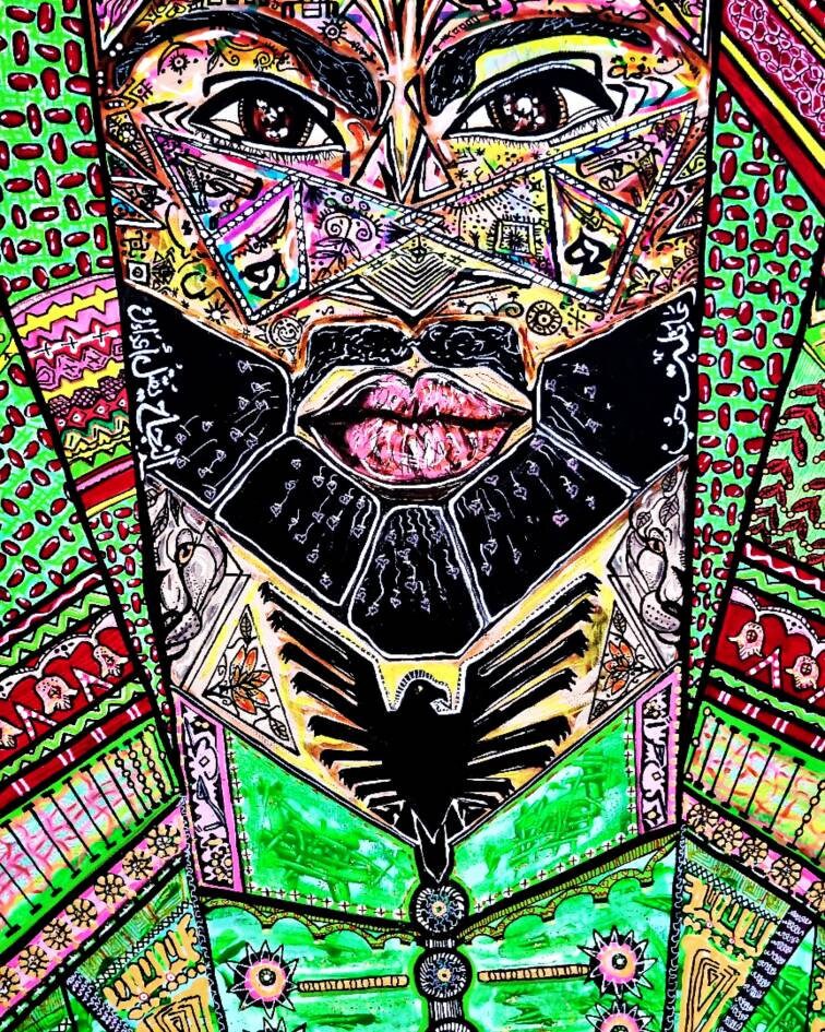 Nimer detail: the full face, dark eyes, pink lips and a black beard above a green robe