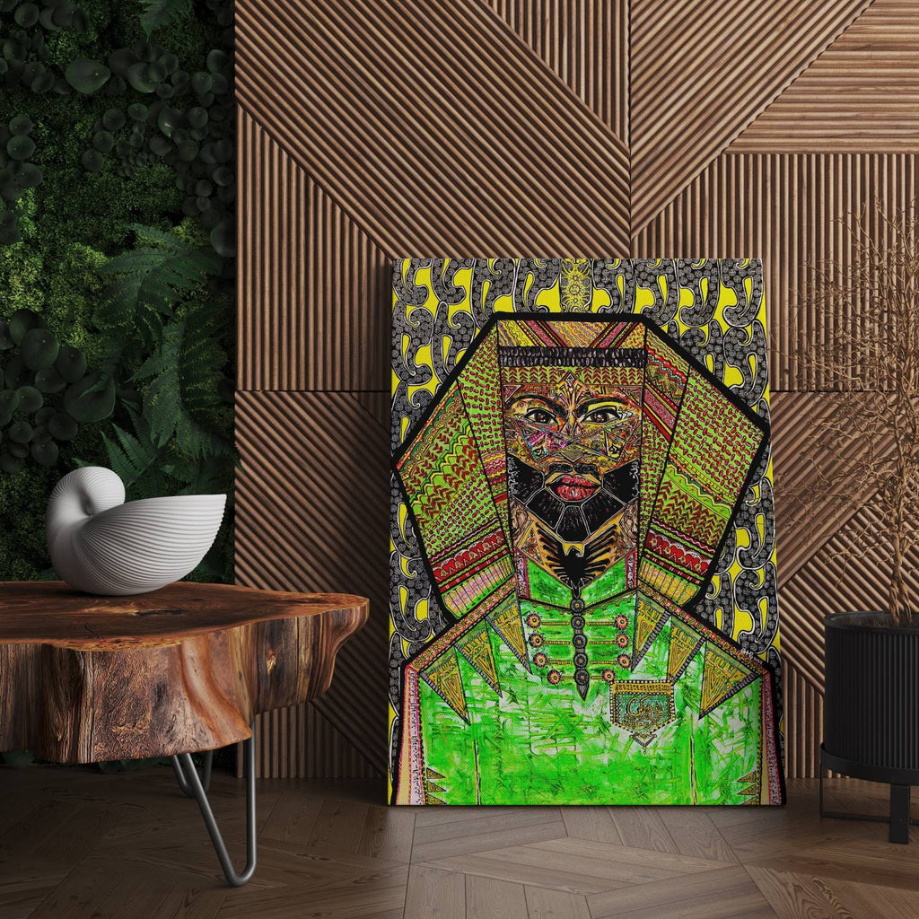 Nimer resting on the floor against a slatted wood wall, next to a round timber side table