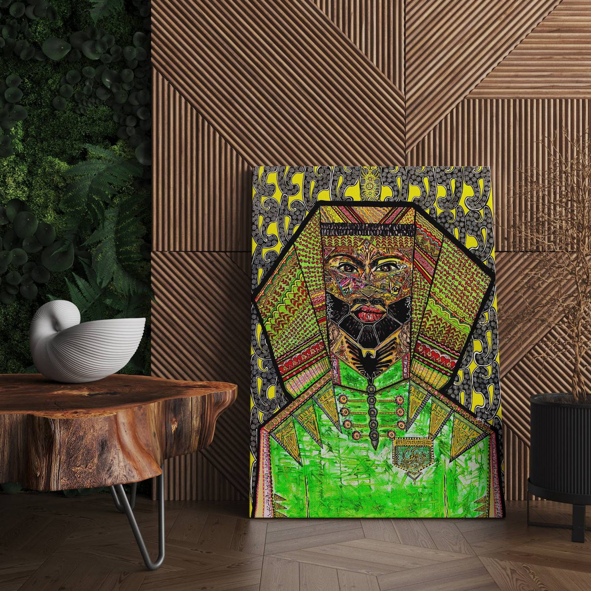 Nimer resting on the floor against a slatted wood wall, next to a round timber side table