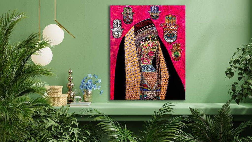Qadira on a green wall above a green bench, framed by leafy plants and globe pendant lights