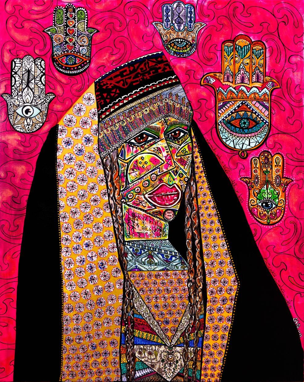 Qadira: full view of the canvas, a veiled woman among hamsa hands on a hot pink ground