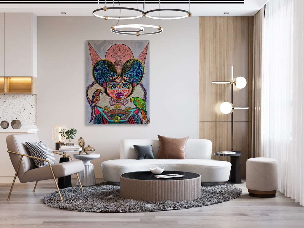 Kitty Kat on a wall in an open plan living room with a cream sofa and a round coffee table