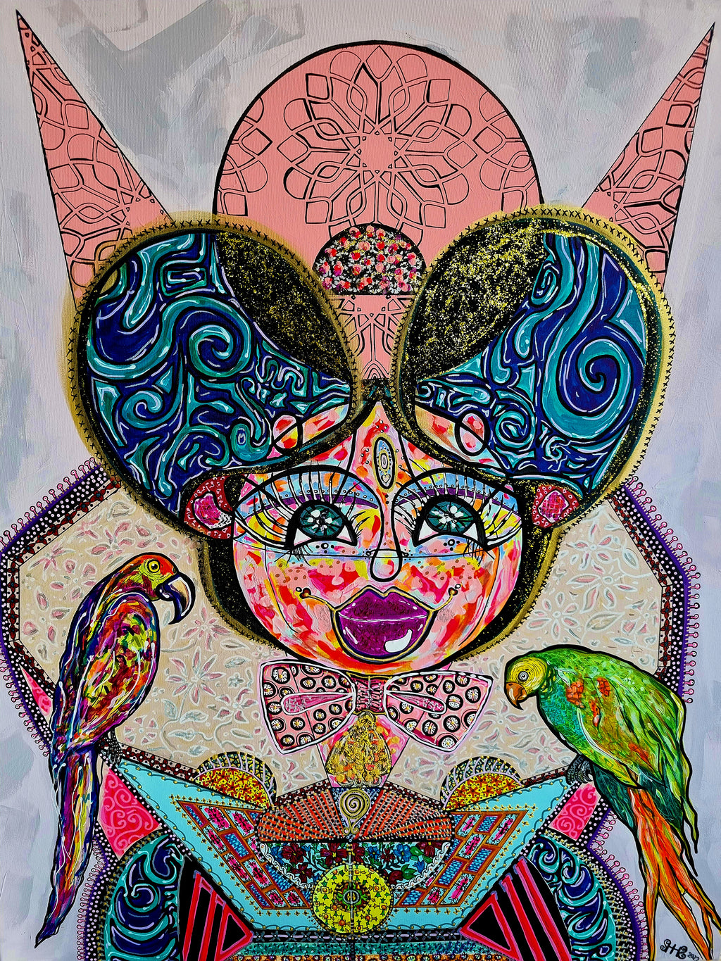 Kitty Kat: full view of the canvas, a cat faced figure with gold ears and two parrots at her shoulders