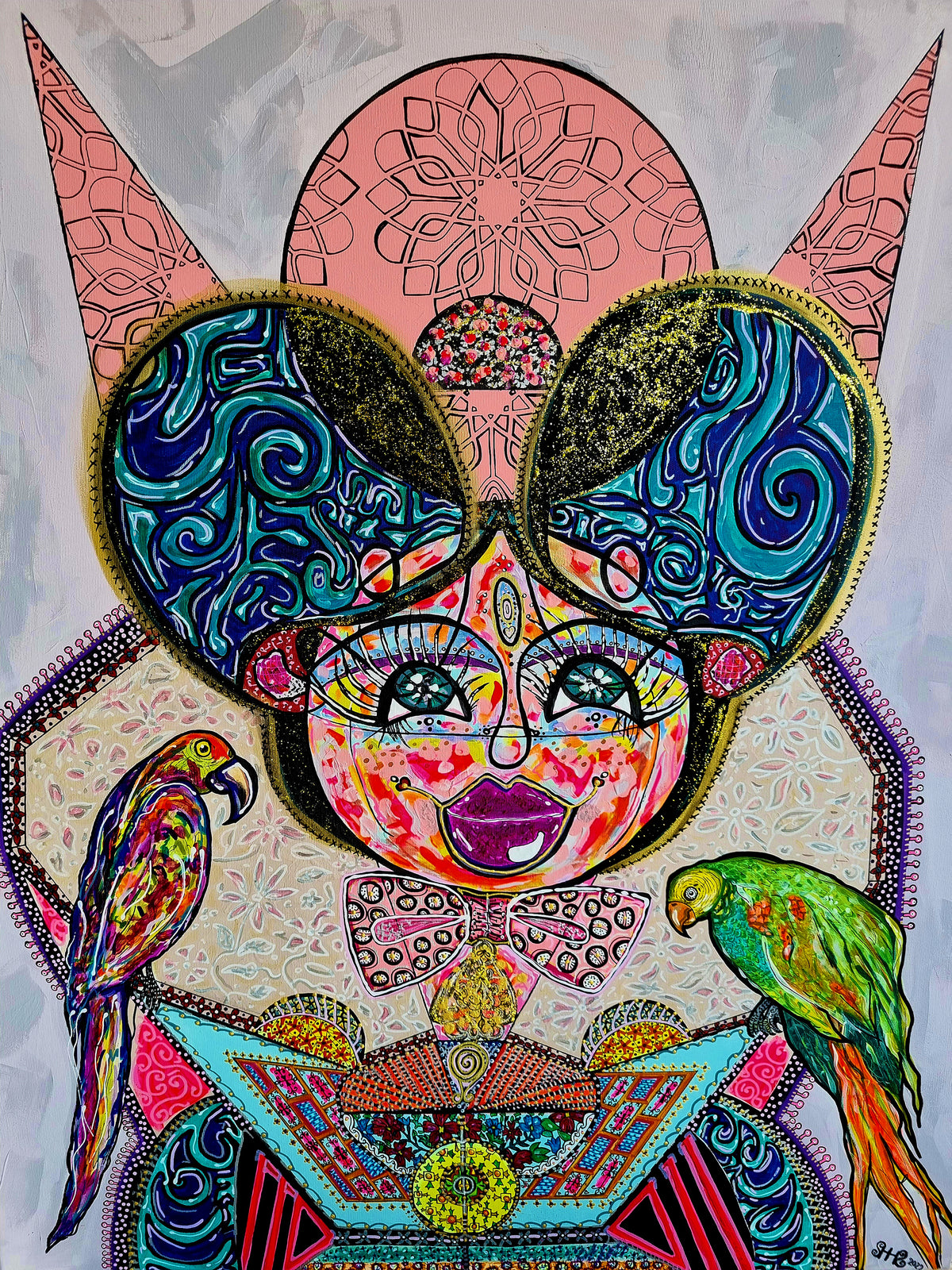 Kitty Kat: full view of the canvas, a cat faced figure with gold ears and two parrots at her shoulders
