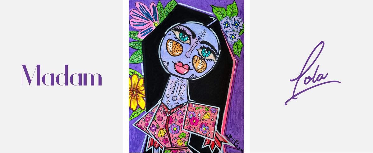 Mademoiselle Lola shown on a pale display card, the painting set between purple lettering