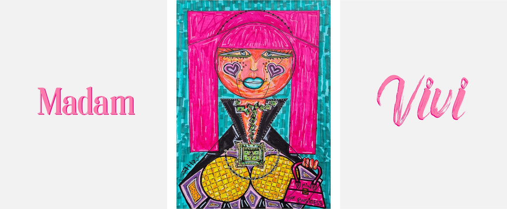 Madam Vivi shown on a pale name card with her title lettered in pink