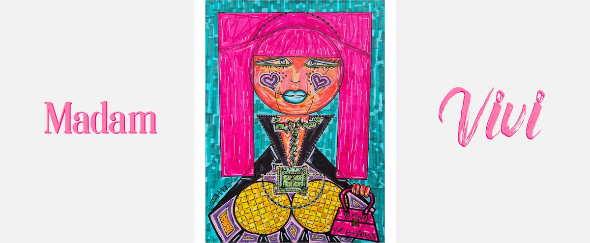 Madam Vivi shown on a pale name card with her title lettered in pink