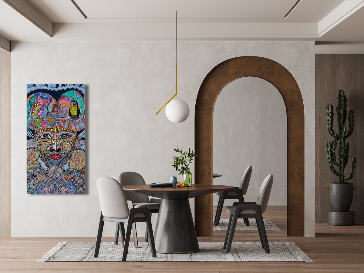 Wiana on a white wall beside an arched doorway in a dining room, showing the height of the canvas