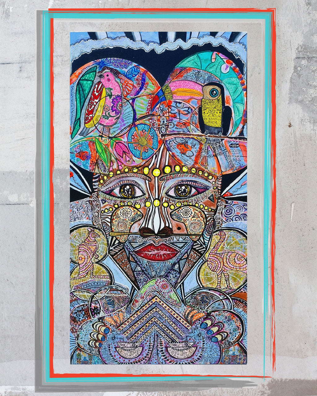 Wiana print shown on a concrete wall with slim frame outlines in red and turquoise